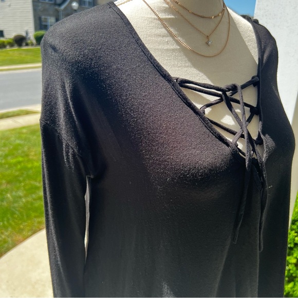 Black Lace-Up Front Long Sleeve Top Size Small - Picture 3 of 8